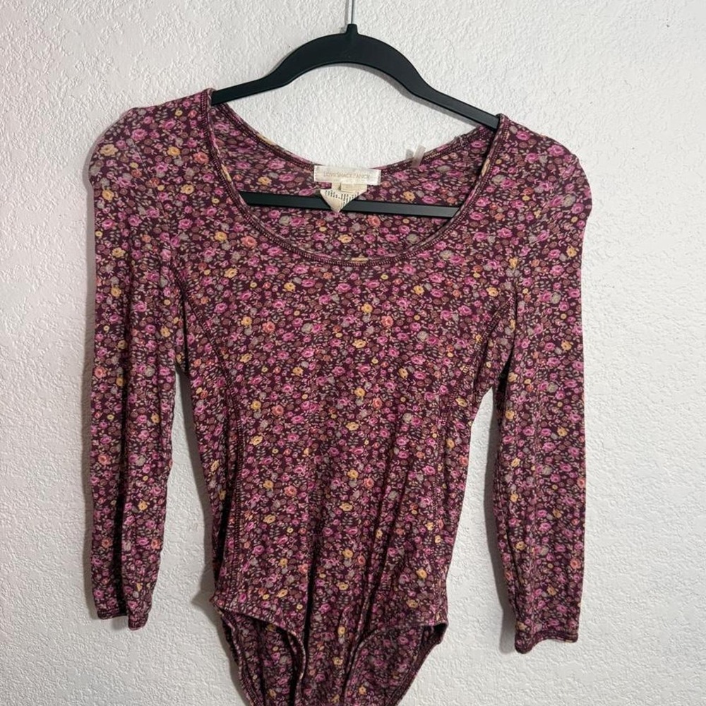 LoveShackFancy Helene Cherry Wine Floral Bodysuit Long Sleeve Size S